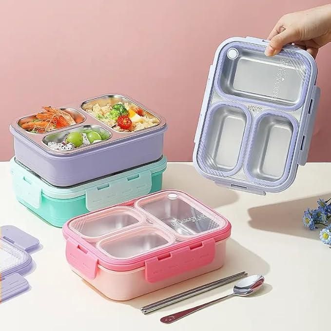 Stainless Steel Vacuum Lunch Box with 3 Compartments With Cutlery